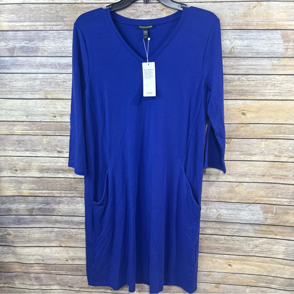 Eileen Fisher Blue V-Neck A-Line Dress Women's w Pockets Soft Size XS NWT $178